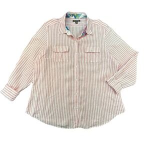 Tommy Bahama Linen Button Up Shirt‎ Women's XL Red Stripe Long Sleeve Tropical